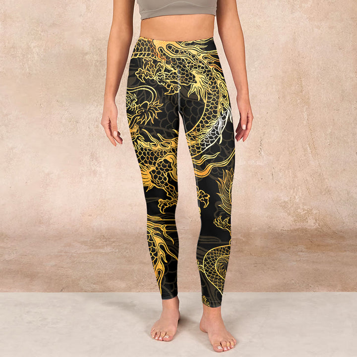 Buddha Stones Golden Dragon Print Gym Leggings Women's Yoga Pants - image 1