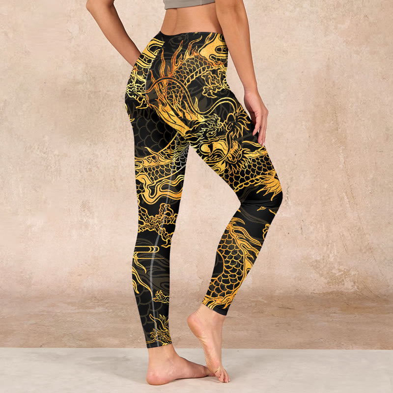 Buddha Stones Golden Dragon Print Gym Leggings Women's Yoga Pants - image 2