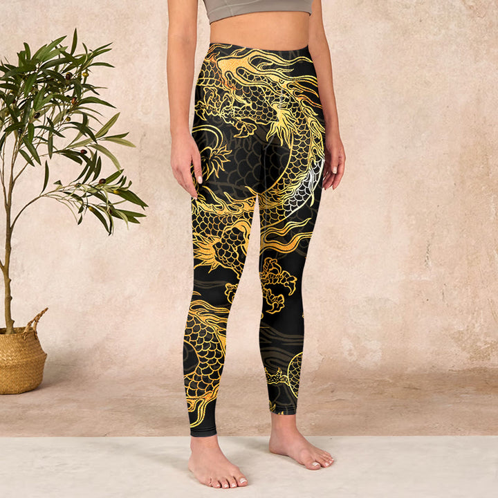 Buddha Stones Golden Dragon Print Gym Leggings Women's Yoga Pants - image 3