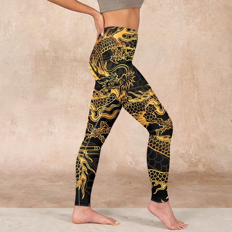 Buddha Stones Golden Dragon Print Gym Leggings Women's Yoga Pants - image 15
