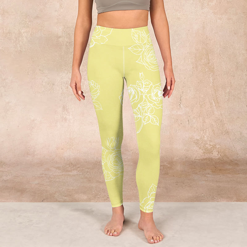 Buddha Stones Yellow Rose Print Fitness Leggings Women's Yoga Pants - image 1