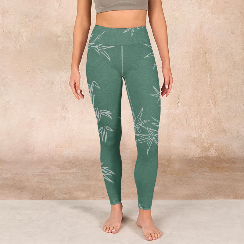Buddha Stones Green White Bamboo Leaves Print Gym Leggings Women's Yoga Pants - image 1
