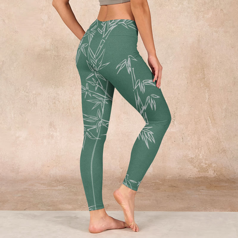 Buddha Stones Green White Bamboo Leaves Print Gym Leggings Women's Yoga Pants - image 2
