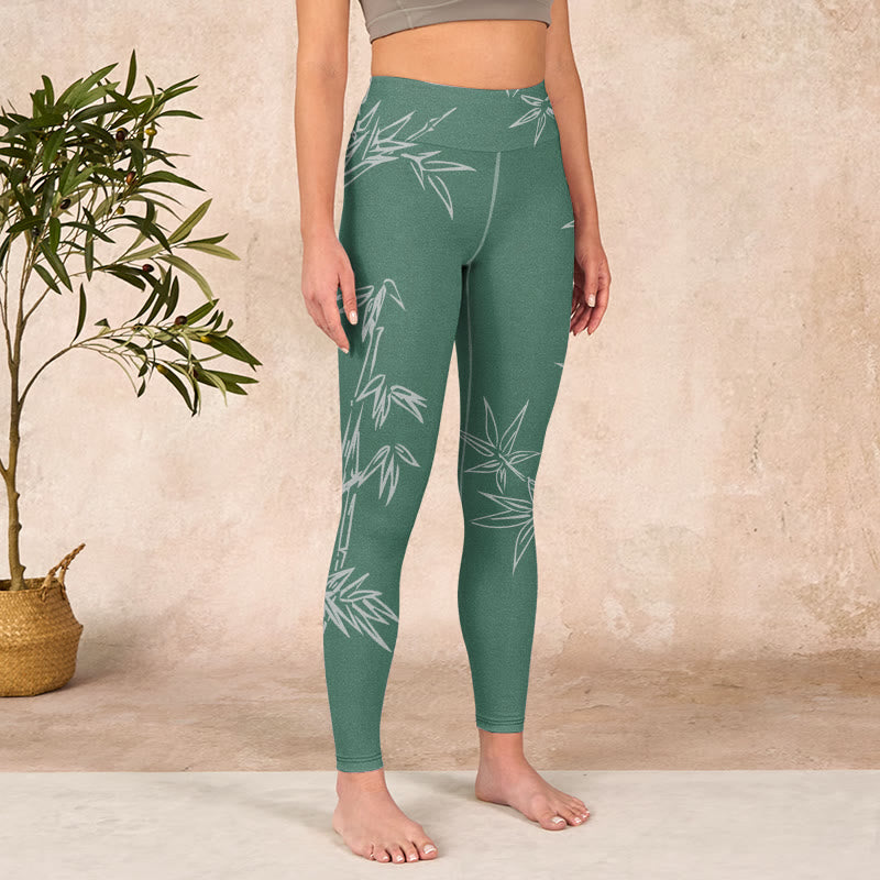 Buddha Stones Green White Bamboo Leaves Print Gym Leggings Women's Yoga Pants - image 3