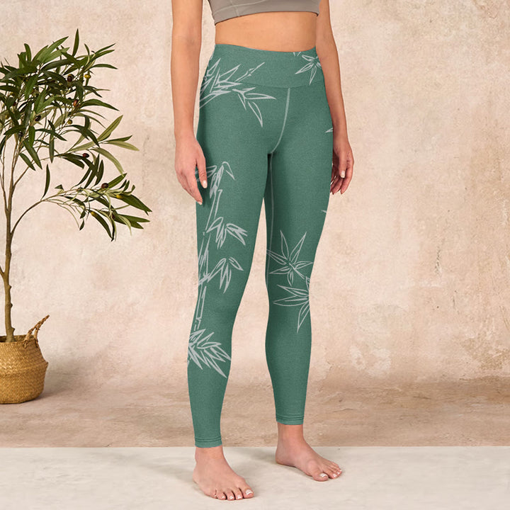 Buddha Stones Green White Bamboo Leaves Print Gym Leggings Women's Yoga Pants - image 3