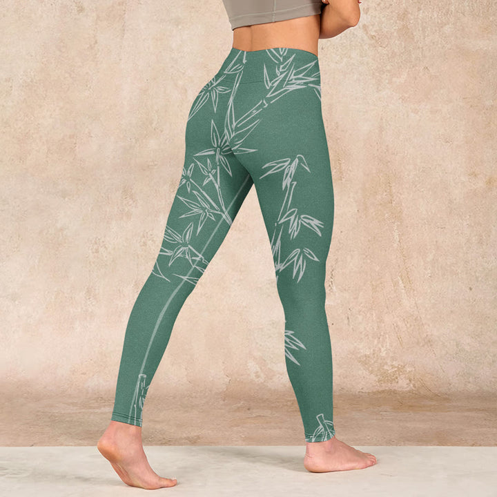 Buddha Stones Green White Bamboo Leaves Print Gym Leggings Women's Yoga Pants - image 4