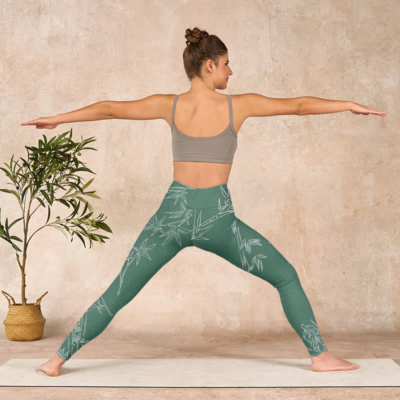 Buddha Stones Green White Bamboo Leaves Print Gym Leggings Women's Yoga Pants - image 11