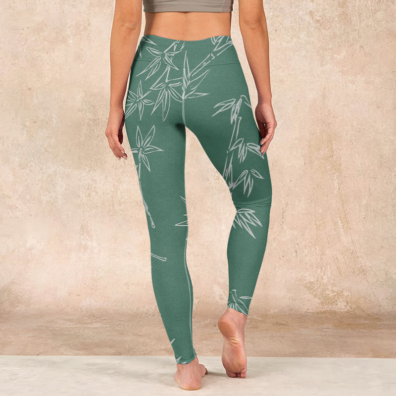 Buddha Stones Green White Bamboo Leaves Print Gym Leggings Women's Yoga Pants - image 14