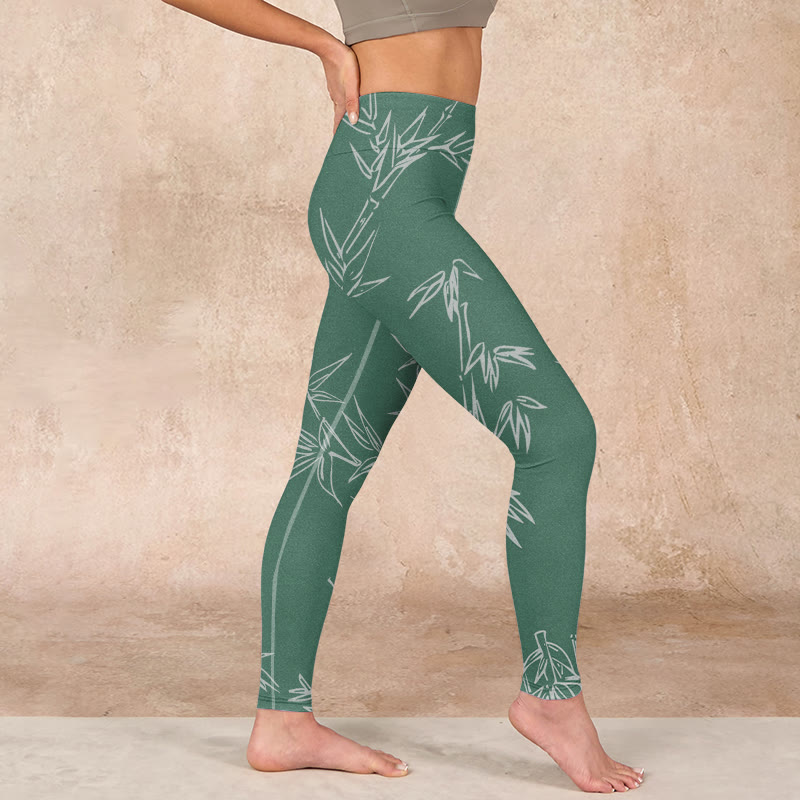 Buddha Stones Green White Bamboo Leaves Print Gym Leggings Women's Yoga Pants - image 16