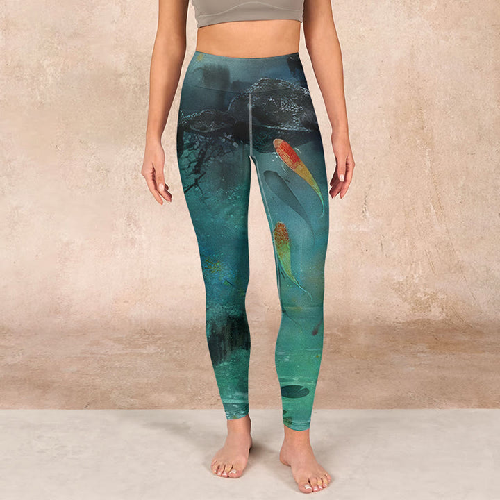 Buddha Stones Pond Koi Fish Rocks Print Sports Leggings Women's Yoga Pants - image 1