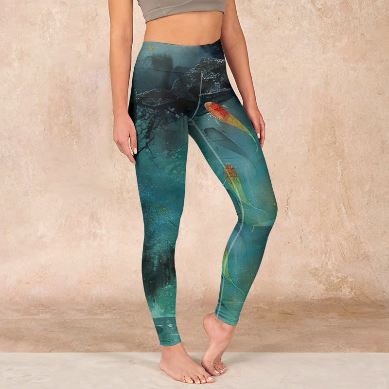 Buddha Stones Pond Koi Fish Rocks Print Sports Leggings Women's Yoga Pants - DarkSeaGreen - US18,UK/AU22,EU50 (4XL) - image 0