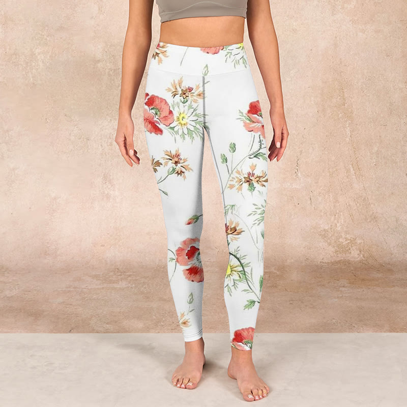 Buddha Stones White Daisy Red Flower Print Sports Leggings Women's Yoga Pants - image 1