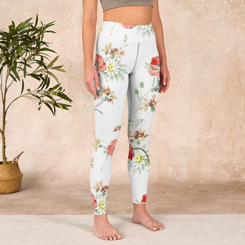 Buddha Stones White Daisy Red Flower Print Sports Leggings Women's Yoga Pants - image 3