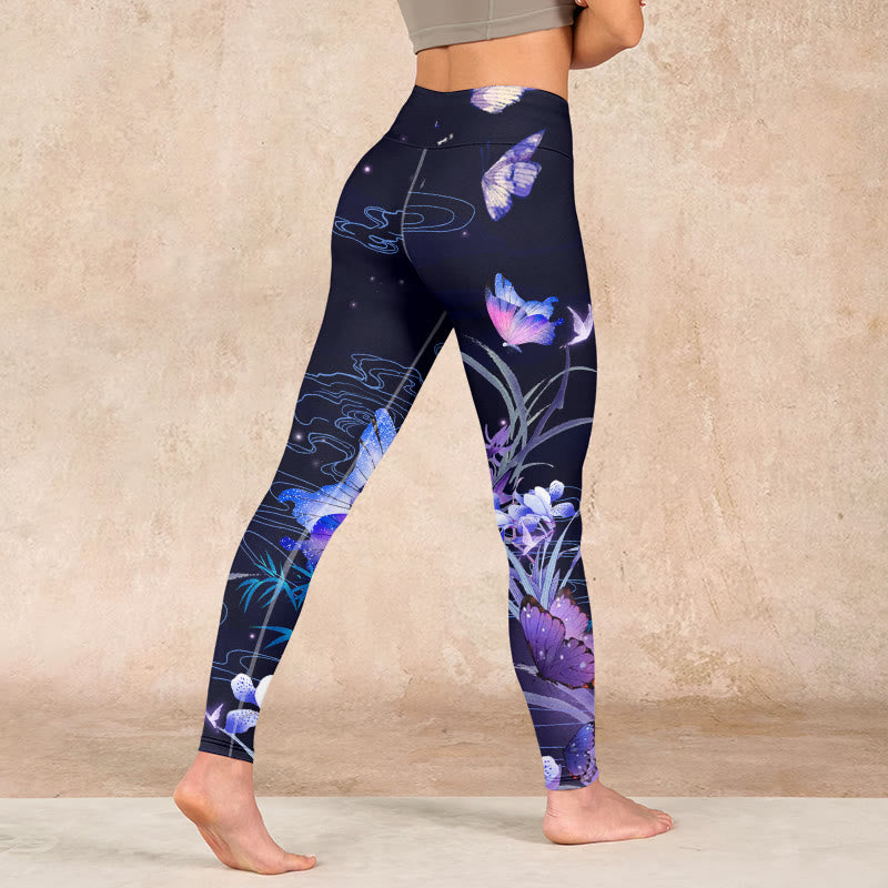 Buddha Stones Midnight Blue Flower Purple Butterfly Exercise Leggings Women's Yoga Pants - image 4
