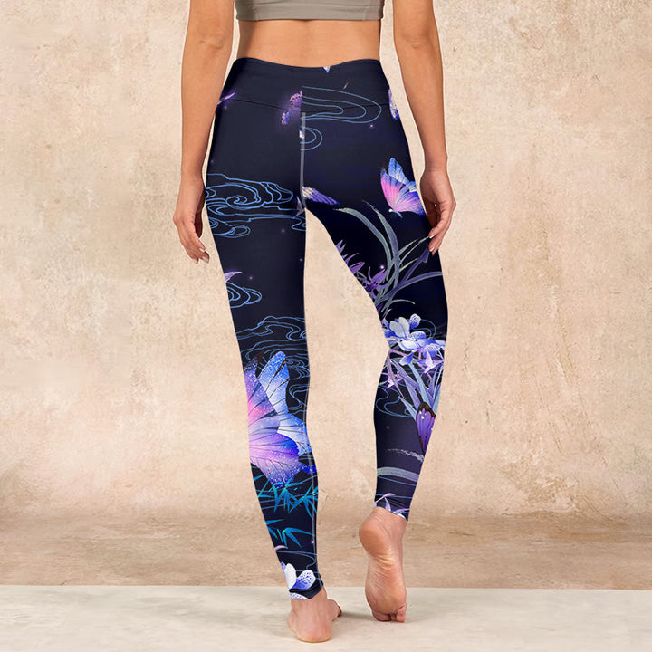 Buddha Stones Midnight Blue Flower Purple Butterfly Exercise Leggings Women's Yoga Pants - image 14