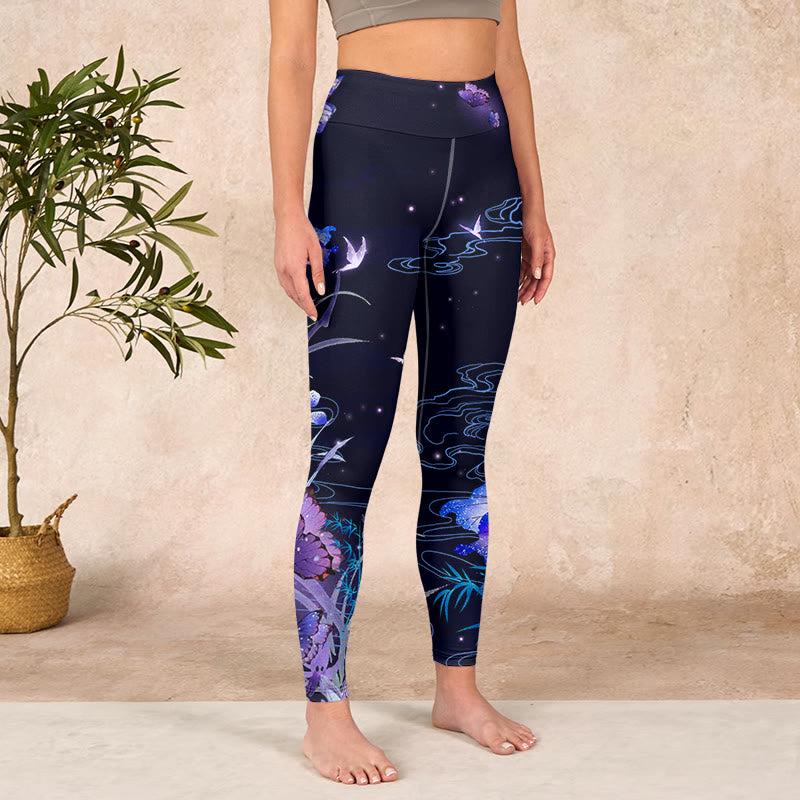 Buddha Stones Midnight Blue Flower Purple Butterfly Exercise Leggings Women's Yoga Pants - image 3