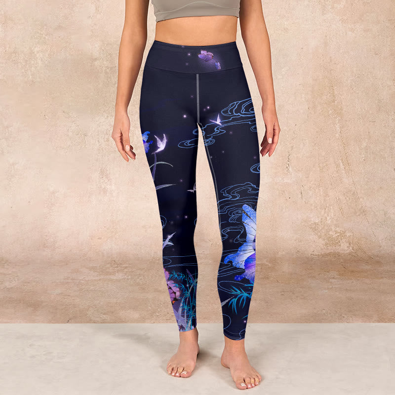 Buddha Stones Midnight Blue Flower Purple Butterfly Exercise Leggings Women's Yoga Pants - image 1