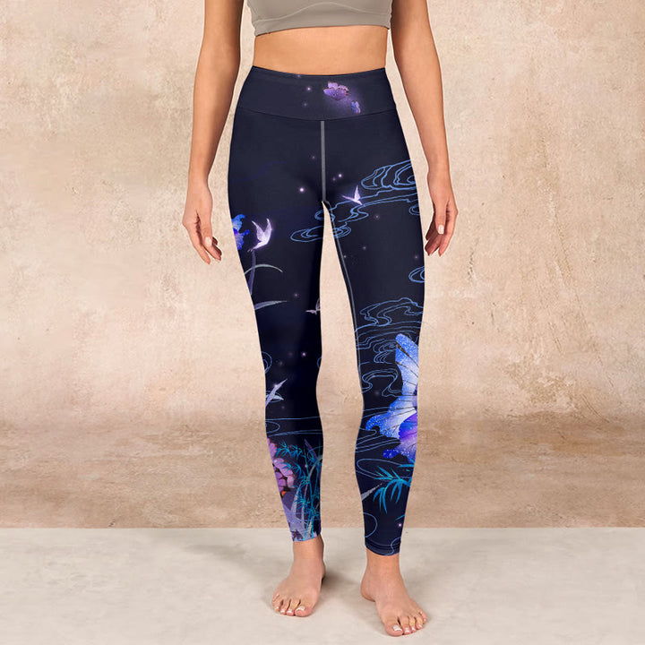 Buddha Stones Midnight Blue Flower Purple Butterfly Exercise Leggings Women's Yoga Pants - image 1