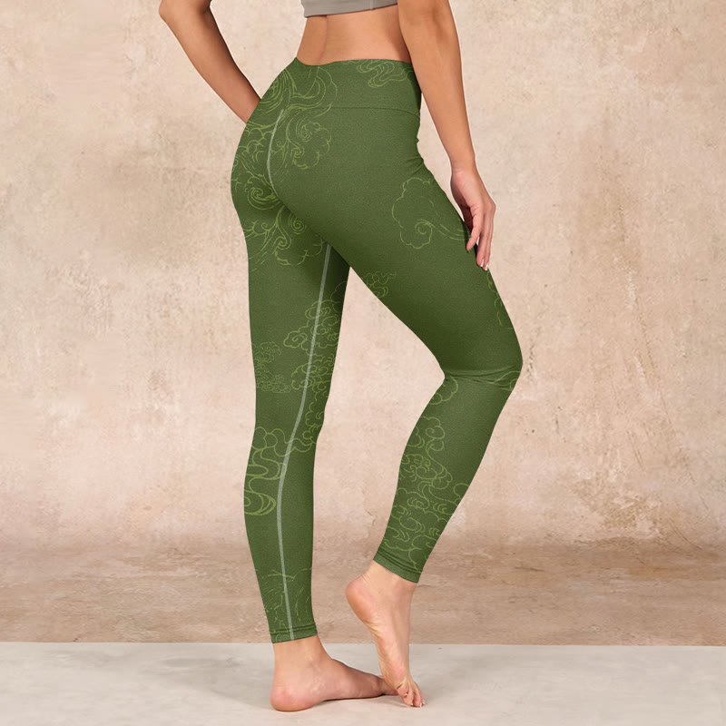 Buddha Stones Green Auspicious Cloud Waves Print Gym Leggings Women's Yoga Pants - image 2