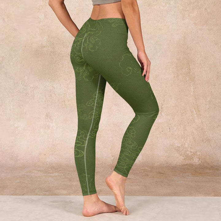 Buddha Stones Green Auspicious Cloud Waves Print Gym Leggings Women's Yoga Pants - image 2