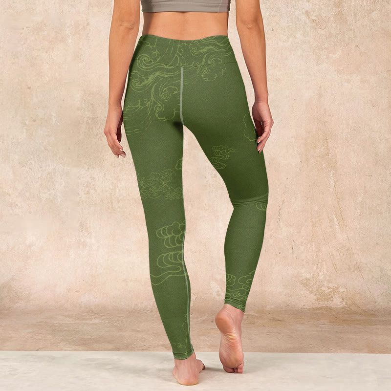 Buddha Stones Green Auspicious Cloud Waves Print Gym Leggings Women's Yoga Pants - image 14