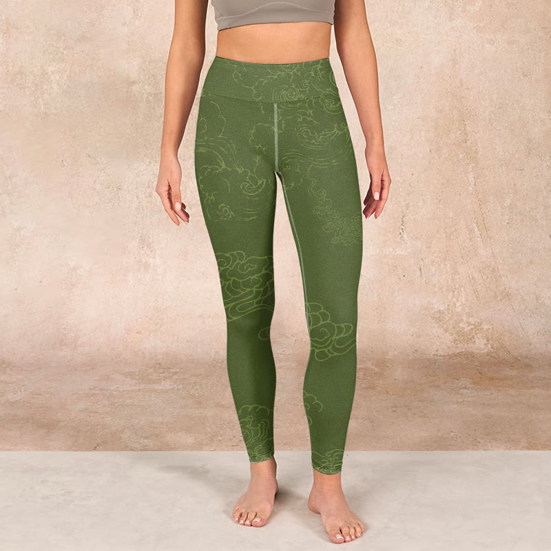 Buddha Stones Green Auspicious Cloud Waves Print Gym Leggings Women's Yoga Pants - image 1