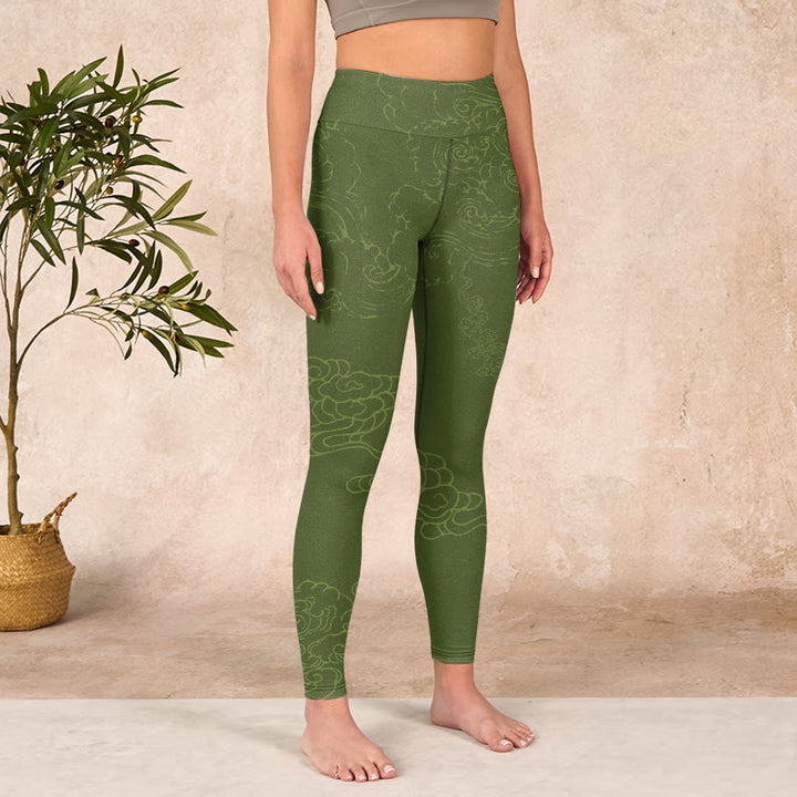 Buddha Stones Green Auspicious Cloud Waves Print Gym Leggings Women's Yoga Pants - image 3