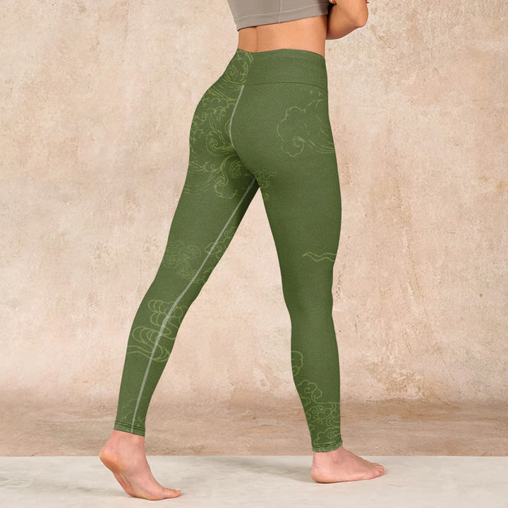 Buddha Stones Green Auspicious Cloud Waves Print Gym Leggings Women's Yoga Pants - image 4