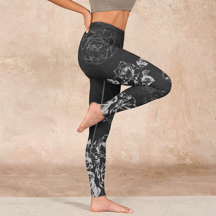 Buddha Stones Gray Peony Rose Flower Sketch Print Gym Fitness Leggings Women's Yoga Pants - image 15