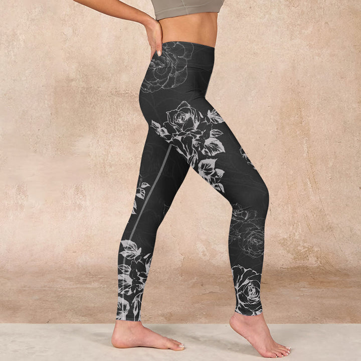Buddha Stones Gray Peony Rose Flower Sketch Print Gym Fitness Leggings Women's Yoga Pants - image 16