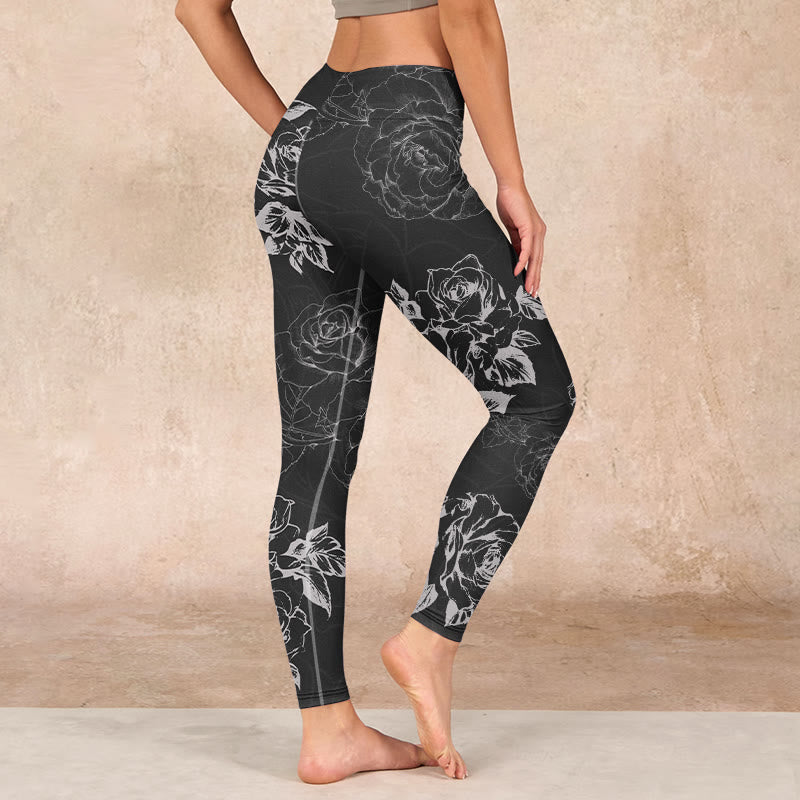 Buddha Stones Gray Peony Rose Flower Sketch Print Gym Fitness Leggings Women's Yoga Pants - image 2