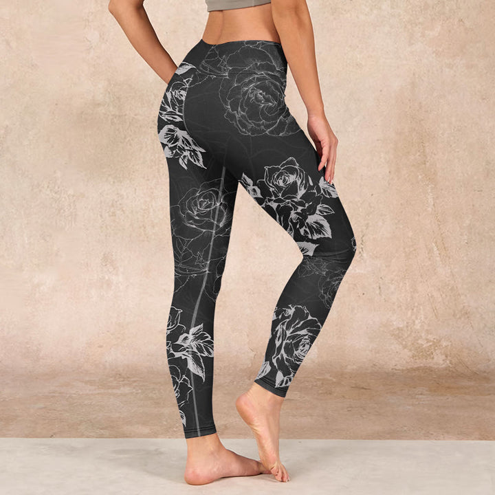 Buddha Stones Gray Peony Rose Flower Sketch Print Gym Fitness Leggings Women's Yoga Pants - image 2