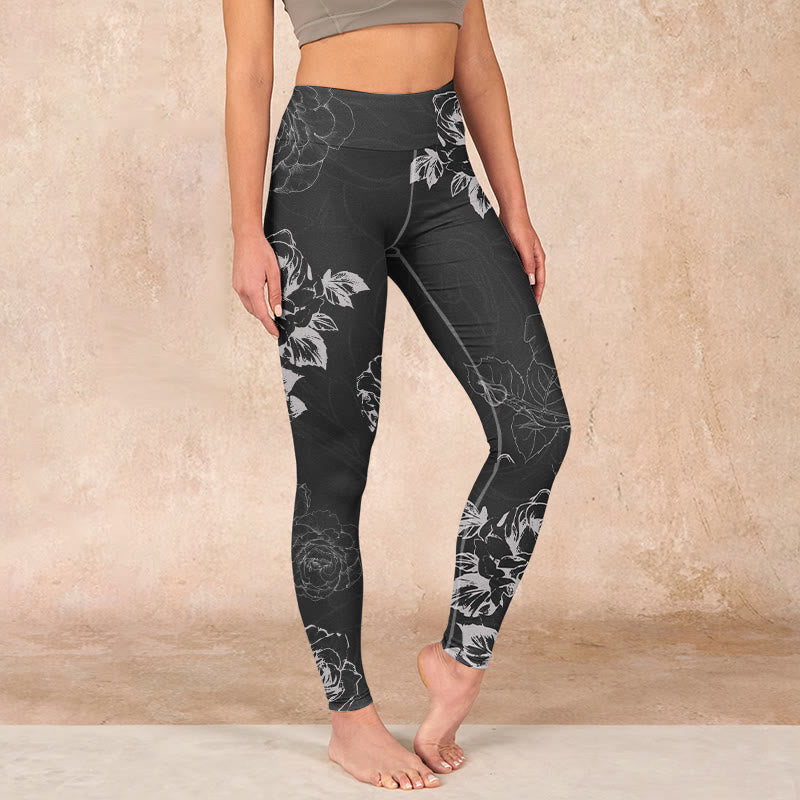 Buddha Stones Gray Peony Rose Flower Sketch Print Gym Fitness Leggings Women's Yoga Pants - Gray - US18,UK/AU22,EU50 (4XL) - image 0