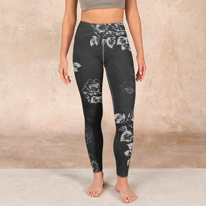 Buddha Stones Gray Peony Rose Flower Sketch Print Gym Fitness Leggings Women's Yoga Pants - image 1