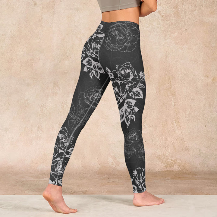 Buddha Stones Gray Peony Rose Flower Sketch Print Gym Fitness Leggings Women's Yoga Pants - image 3