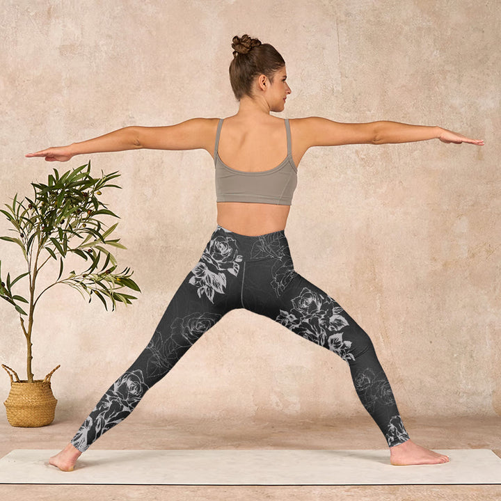 Buddha Stones Gray Peony Rose Flower Sketch Print Gym Fitness Leggings Women's Yoga Pants - image 10