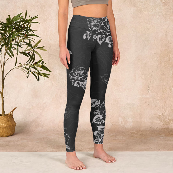Buddha Stones Gray Peony Rose Flower Sketch Print Gym Fitness Leggings Women's Yoga Pants - image 4