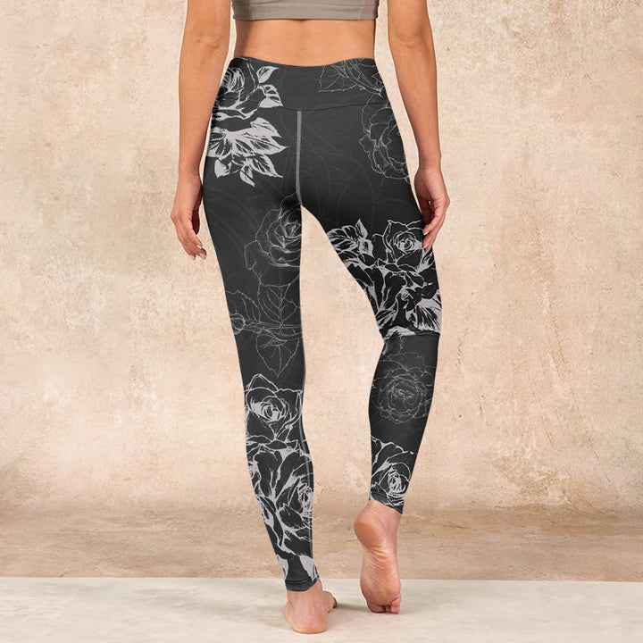 Buddha Stones Gray Peony Rose Flower Sketch Print Gym Fitness Leggings Women's Yoga Pants - image 14