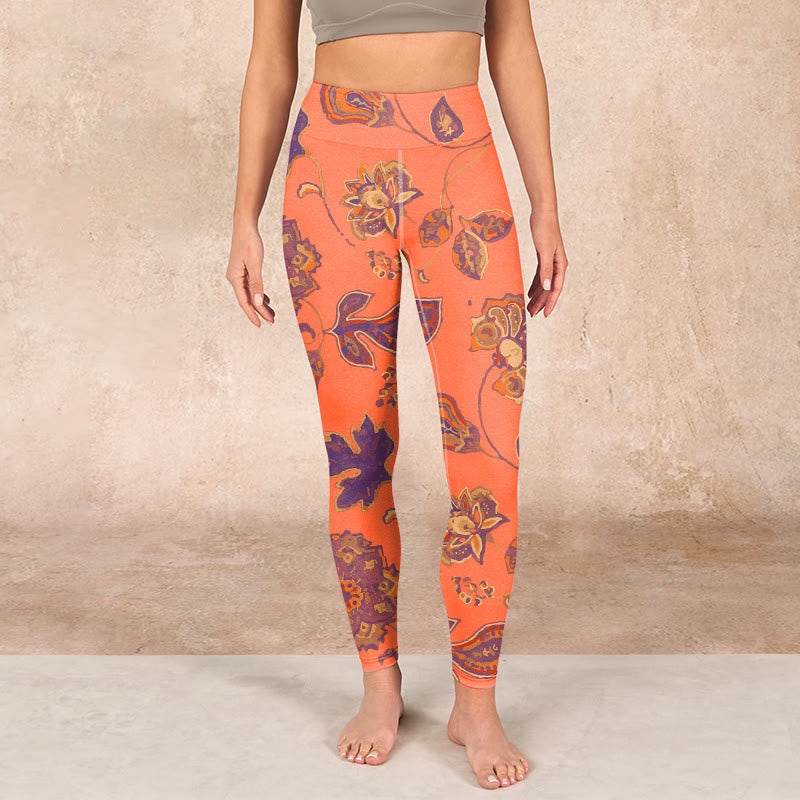 Buddha Stones Orange Maple Leaves Flowers Print Gym Leggings Women's Yoga Pants - image 1