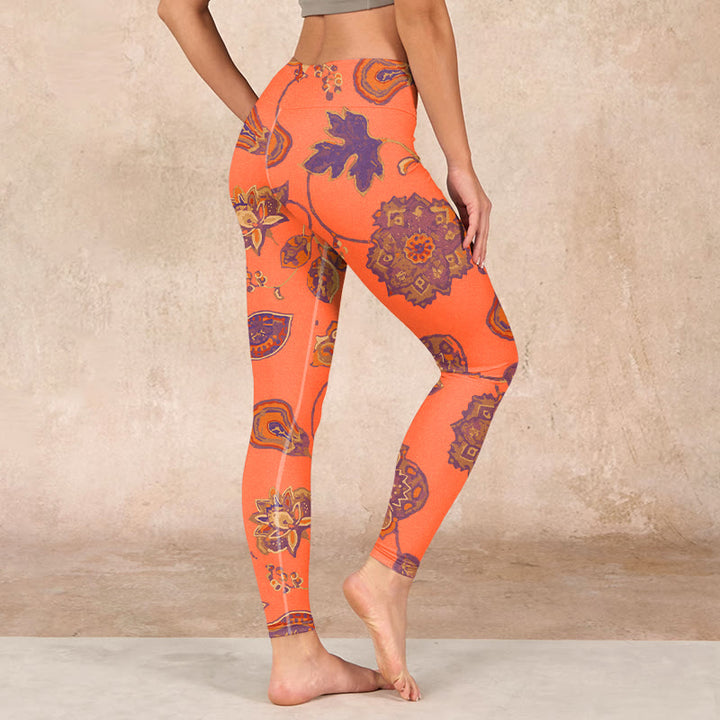 Buddha Stones Orange Maple Leaves Flowers Print Gym Leggings Women's Yoga Pants - image 2