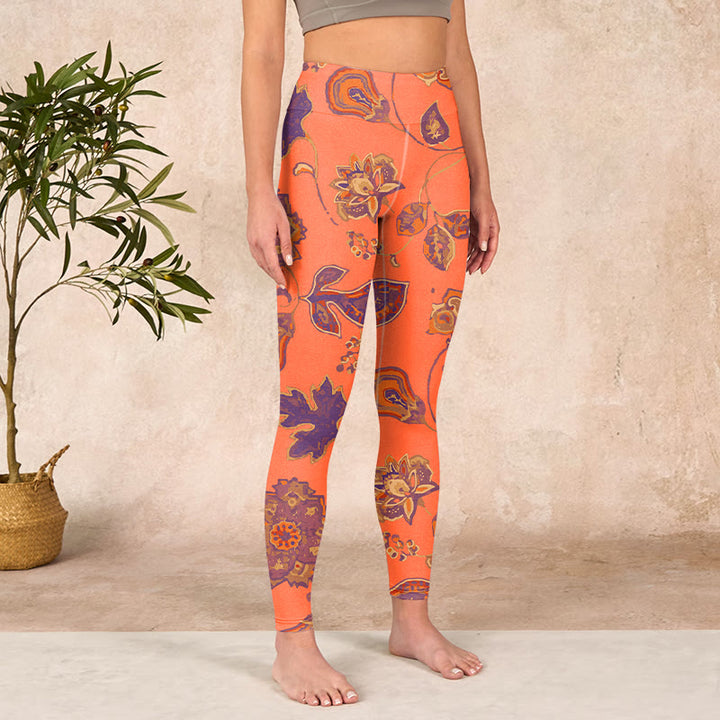 Buddha Stones Orange Maple Leaves Flowers Print Gym Leggings Women's Yoga Pants - image 3