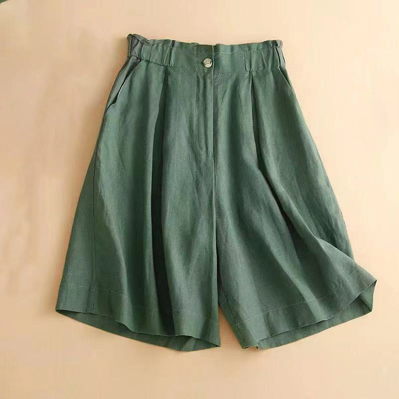 Buddha Stones Plain Color Pleated Zipper Button Cotton Linen Women's Shorts With Pockets - SeaGreen - US12,UK/AU16,EU44 (3XL) - image 14