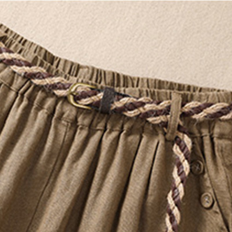 Buddha Stones Casual Solid Color Turn Up Cuff Belt Cotton Linen Women's Shorts With Pockets - image 3