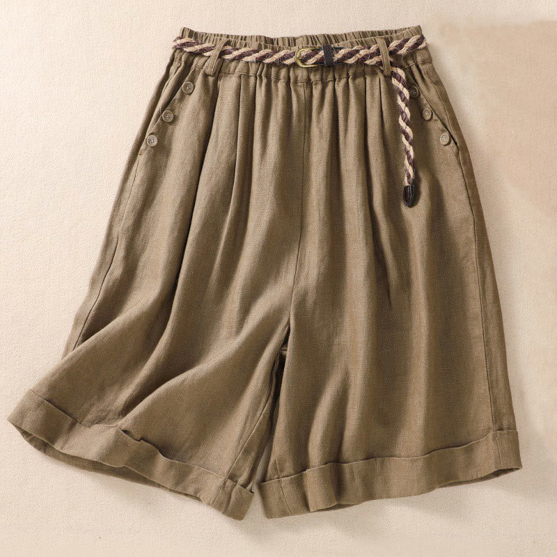 Buddha Stones Casual Solid Color Turn Up Cuff Belt Cotton Linen Women's Shorts With Pockets - DarkKhaki - US8-10,UK/AU12-14,EU40-42 (2XL) - image 0