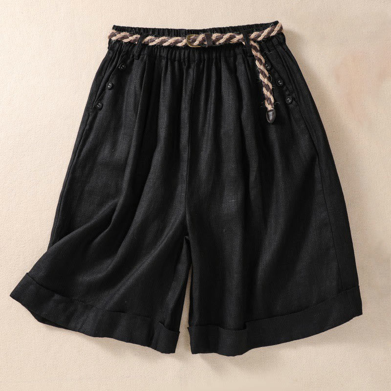 Buddha Stones Casual Solid Color Turn Up Cuff Belt Cotton Linen Women's Shorts With Pockets - Black - US8-10,UK/AU12-14,EU40-42 (2XL) - image 8