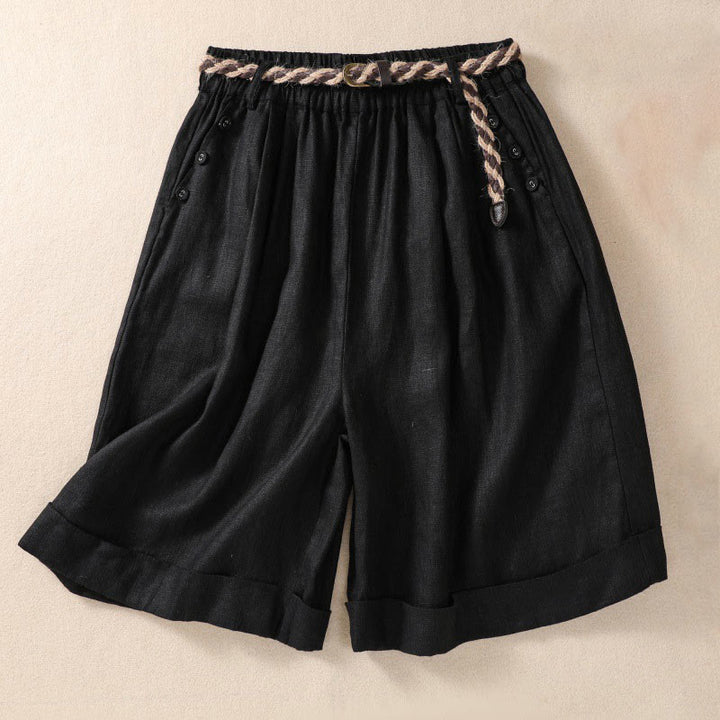 Buddha Stones Casual Solid Color Turn Up Cuff Belt Cotton Linen Women's Shorts With Pockets - Black - US8-10,UK/AU12-14,EU40-42 (2XL) - image 8