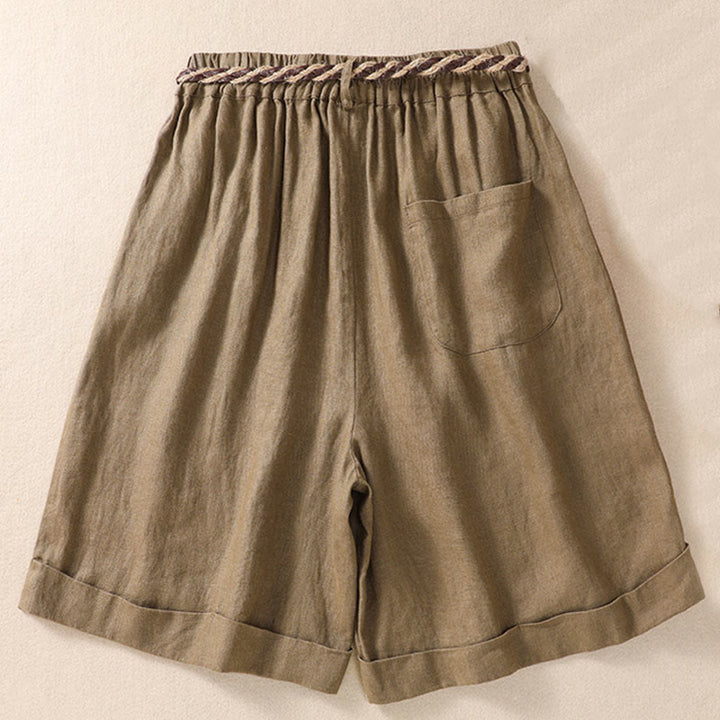 Buddha Stones Casual Solid Color Turn Up Cuff Belt Cotton Linen Women's Shorts With Pockets - image 2