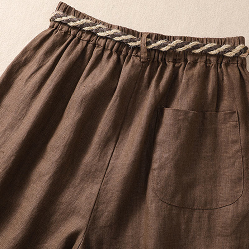 Buddha Stones Casual Solid Color Turn Up Cuff Belt Cotton Linen Women's Shorts With Pockets - image 15