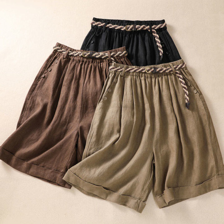 Buddha Stones Casual Solid Color Turn Up Cuff Belt Cotton Linen Women's Shorts With Pockets - image 1