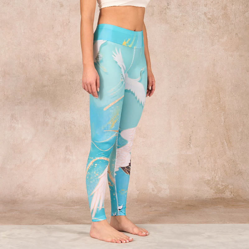 Buddha Stones Mint Green Mountain Crane Print Fitness Leggings Women's Yoga Pants - image 2